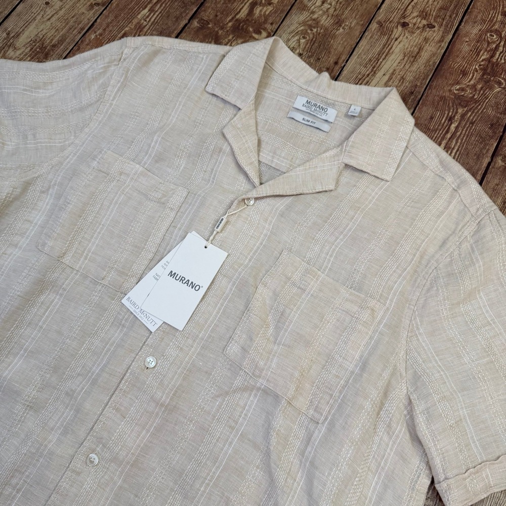 Murano Baird McNutt Camp Shirt Mens Large Beige Slim Fit Linen NWT